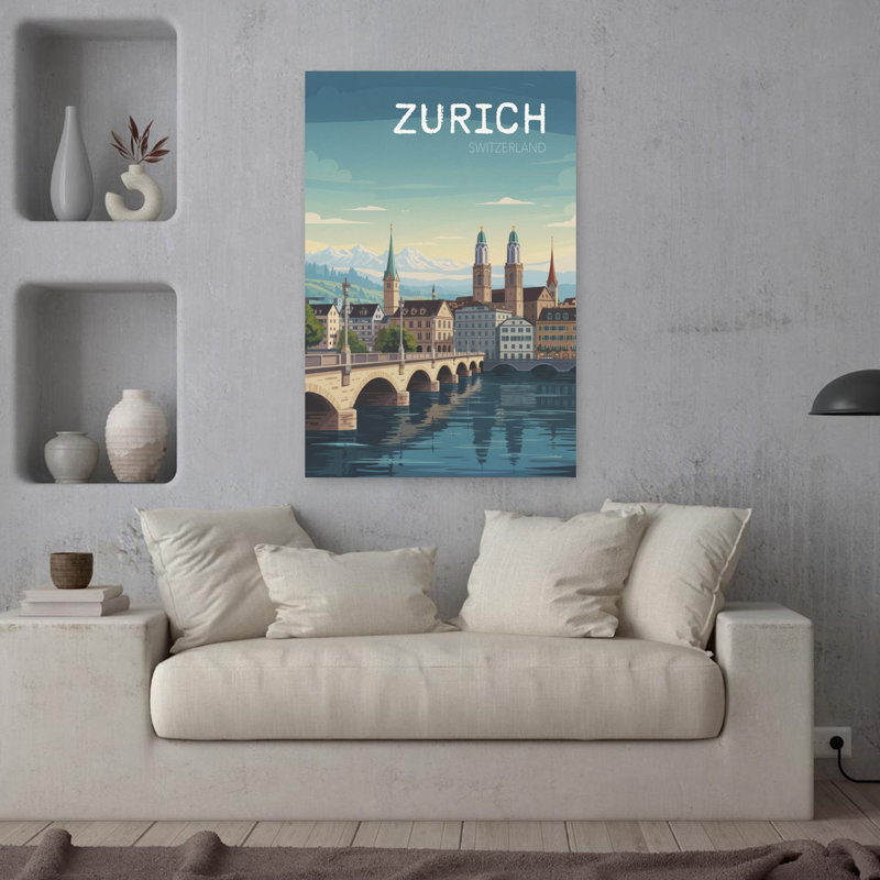 Ville de Zurich, Suisse, paysage urbain tranquille, architecture contemporaine abstraite, art mural, H 36 po x l 24 po