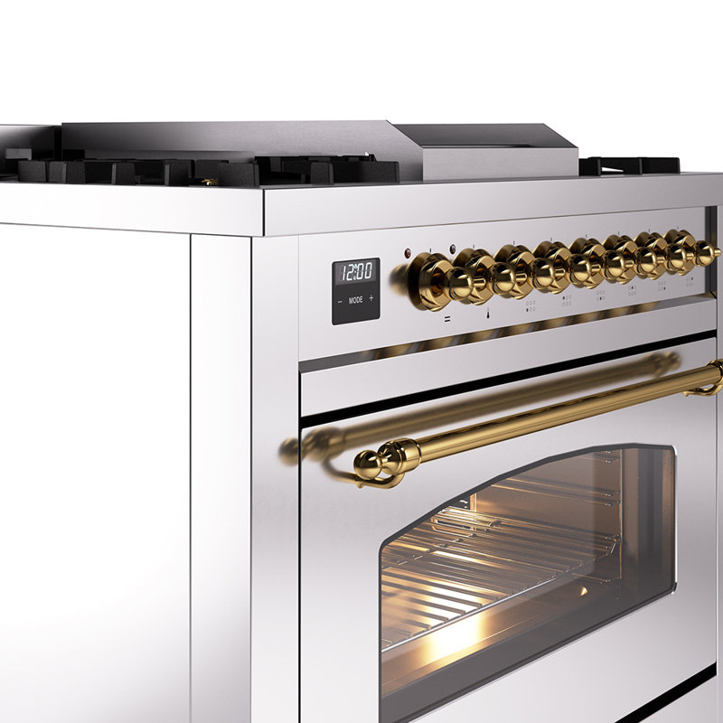 ILVE Nostalgie II Series 36 inch Dual Fuel Range with 6 Burners, Griddle (Glass Door), Stainless Steel/Brass, Natural Gas