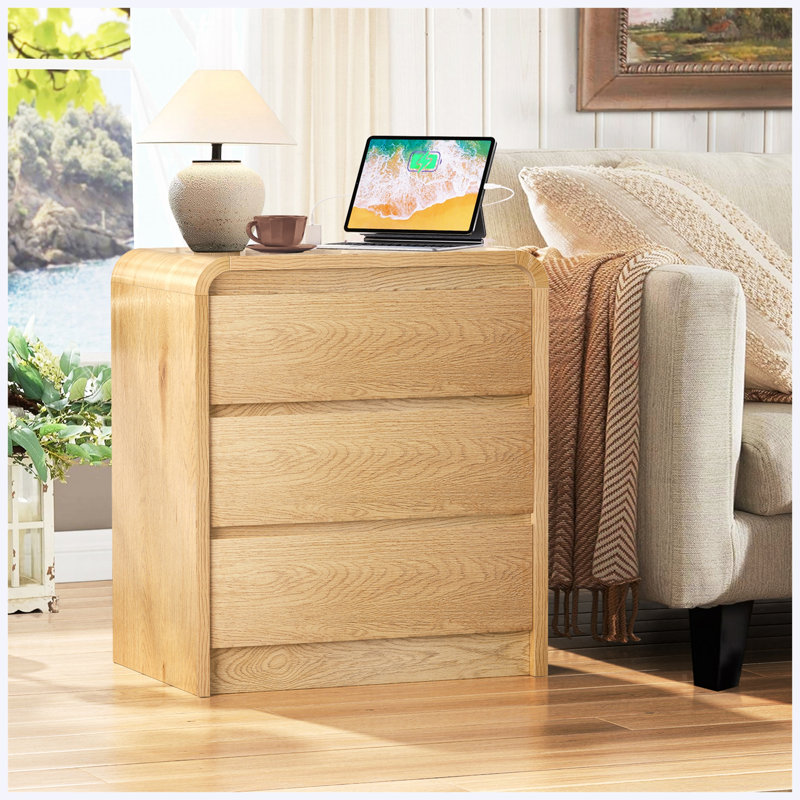 25" Tall Smooth Wood Night Stand with Charging Station, 3 Drawers, Natural Mid-Century Bedside End Table, Antique Natural