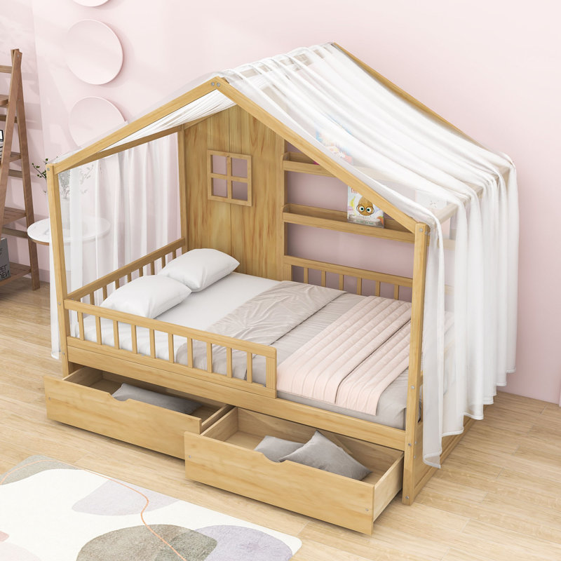 Lit en bois avec rideaux et 2 tiroirs, Lit simple, Naturel