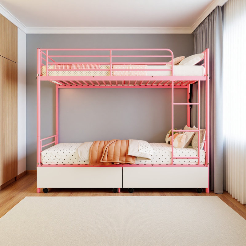 Bunk Bed With USB Charging Station, Able To Split, Twin Over Twin, Pink