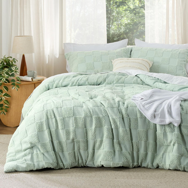 Bedsure Twin Comforter Set Grayish Pink, Boho Tufted Bed Set, Checkered Farmhouse Shabby Chic Bedding, 2 Pieces, 1 Plaid Geometric Comforter and 1 Pillow Sham