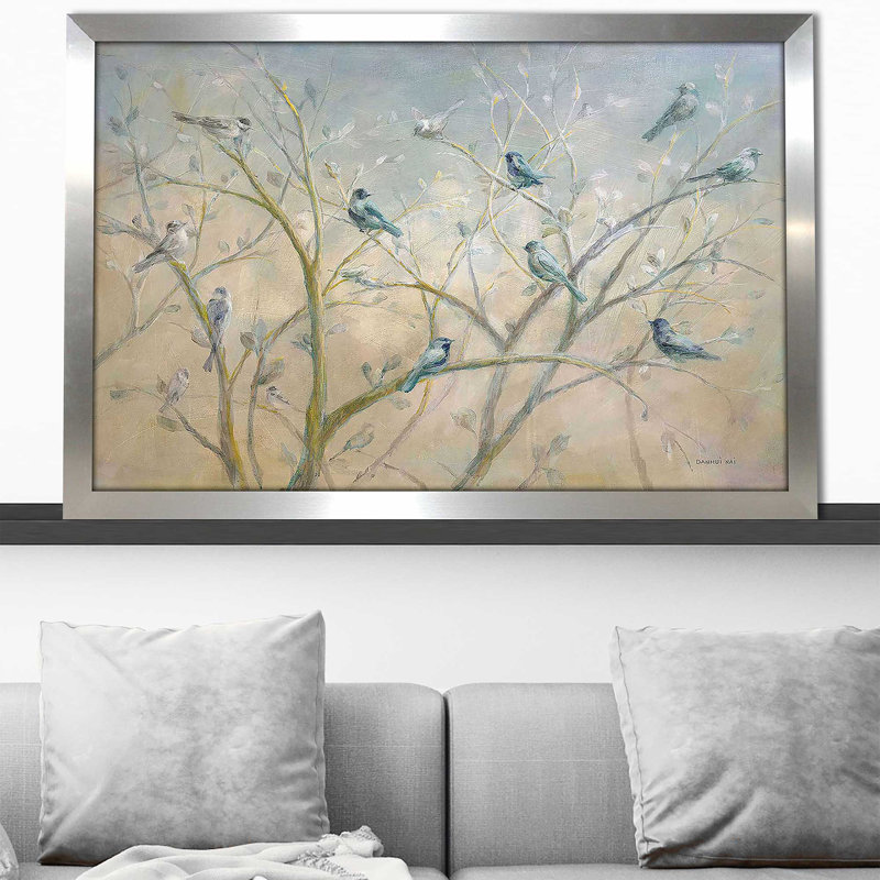 «Spring Gathering» par Danhui Nai - Peinture, Encadrement argenté, H 21,5 po x l 27,5 po x P 0,75 po