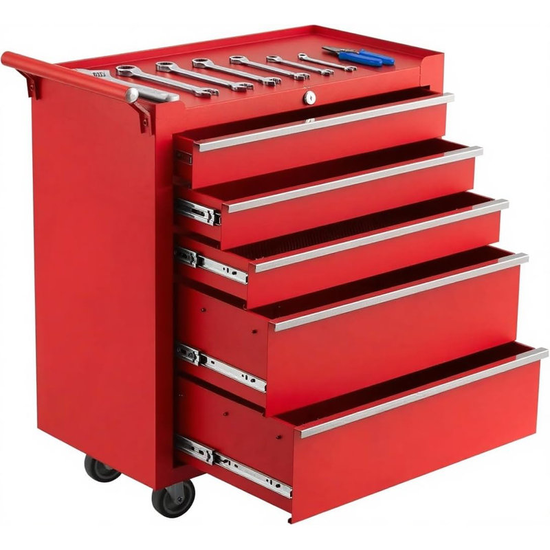 Caisse à outils robuste à 5 tiroirs - Armoire de rangement mobile en métal avec tiroirs et roues verrouillables, poignée latérale, doublure de protection - Garage, atelier, atelier de réparation - rouge
