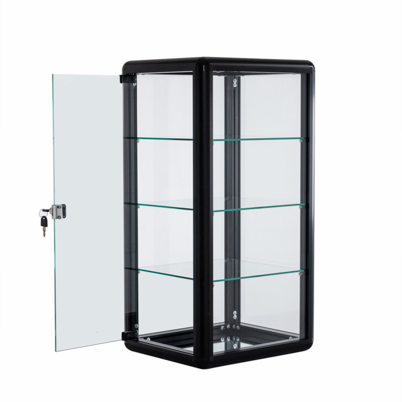 Vitrine de comptoir en verre trempé Aminatou avec porte coulissante en verre et serrure, Noir