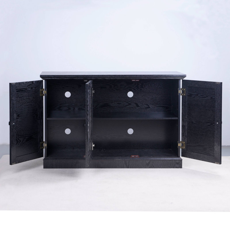 Buffet d'armoire de rangement, 3 portes en miroir en acrylique, tablettes réglables, stratifié décoratif noir, buffet en panneau de fibres à densité moyenne avec porte magnétique pour le salon, cuisine