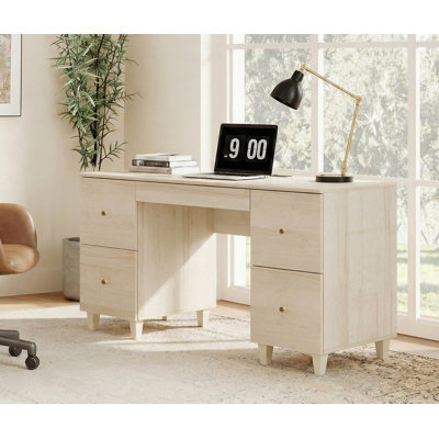 Lysiane 58" Executive Desk With 4 Drawers, Modern Farmhouse Home Office Computer Table With Charging Station, Keyboard Tray
