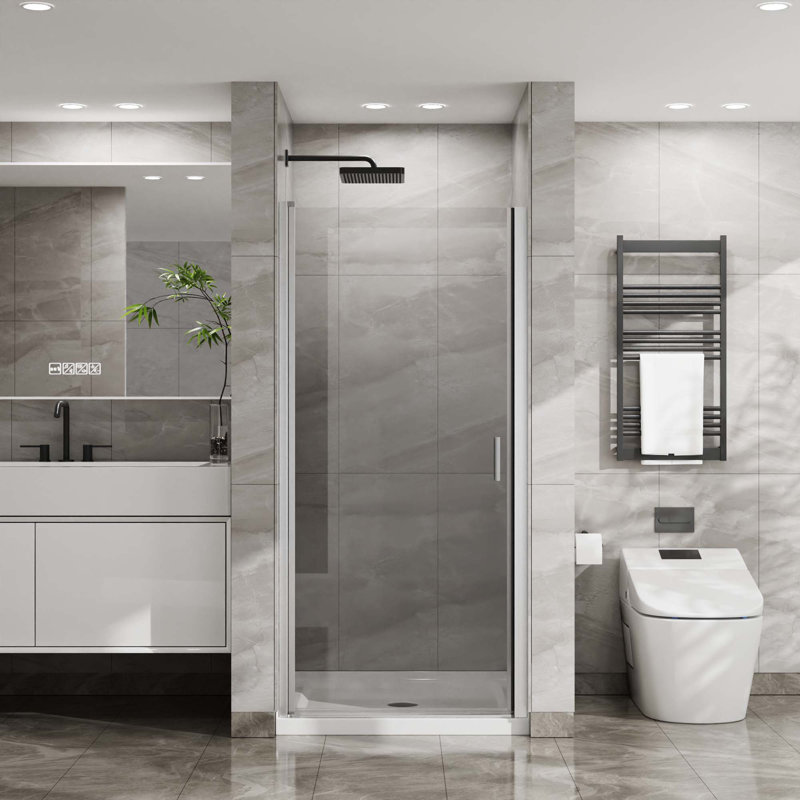 Porte de douche pivotante, porte de douche en verre trempé épais de 1/4 po d'épaisseur, conception sans cadre, Chrome chrome