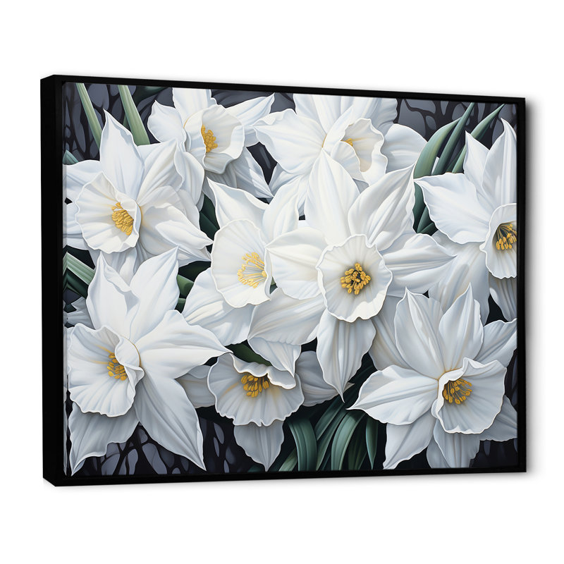 Minimalisme, jonquilles blanches I sur toile, Cadre flottant noir, H 34 po x l 44 po x P 1,5 po