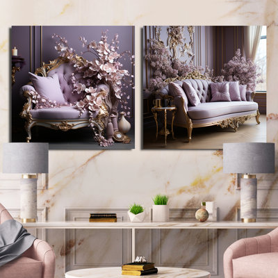 Canapé lilas orné d'accents dorés - ensemble de 2 collages carrés lilas