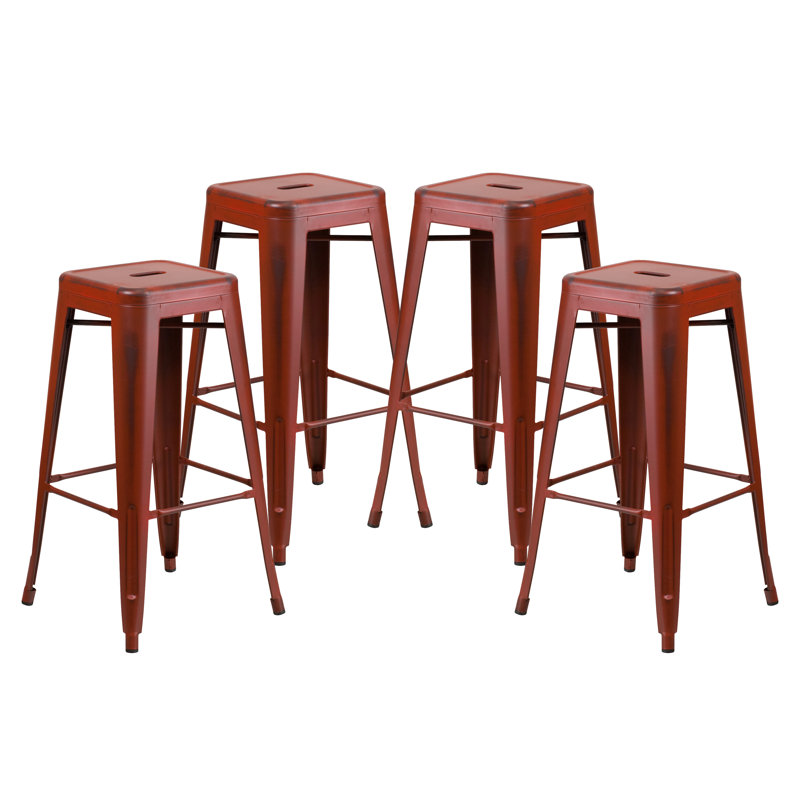 Kai Industrial Style Bar Stool - Set of 4 - Modern Metal Counter or Bar Height, Distressed Red