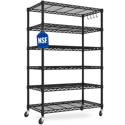  6-tier Nsf-certified Heavy Duty Wire Shelving - 36"wx16"dx76"h 4-segment Upright Compound Adjustable With Lockable Wheels & Hooks, Black Diy Storage Rack For Garage, Kitchen & Pantry