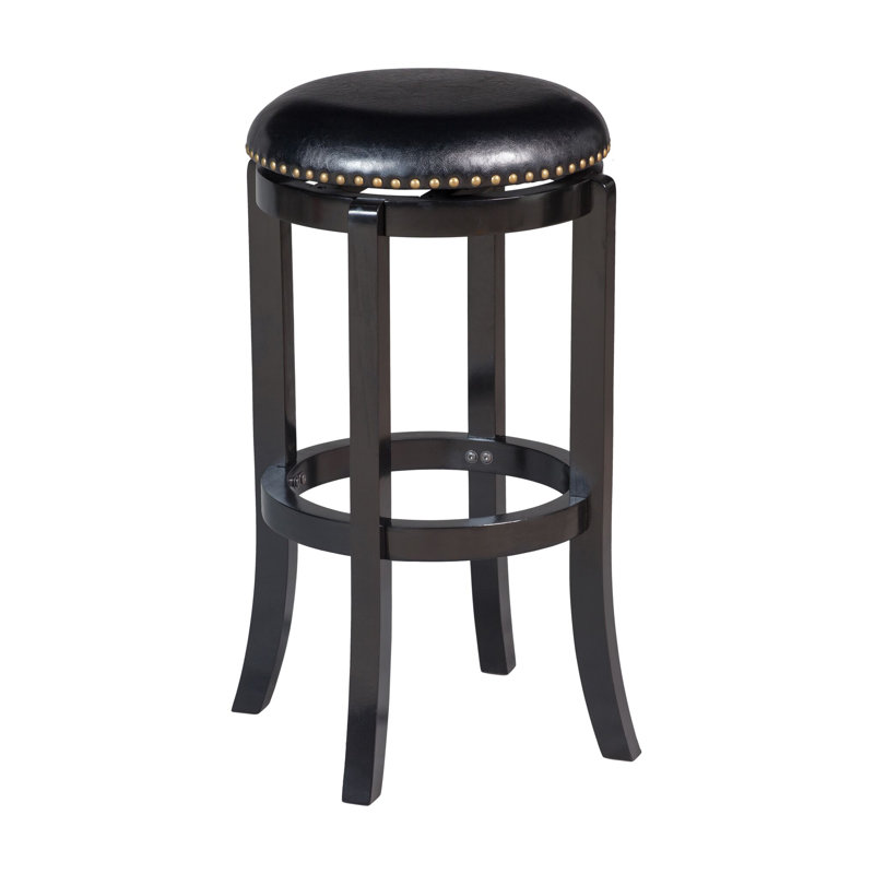Ameil Swivel Upholstered Counter Stool with Solid Wood Frame, Bar Stool (29” Seat Height), Black Leather / Black Frame