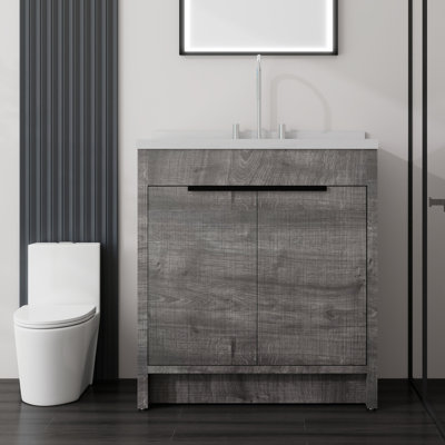 Meuble-lavabo autoportant 36 po avec lavabo 36 po, porte à fermeture en douceur, comptoir et dosseret en marbre de culture blanc de 2 po Carrara, contreplaqué, gris