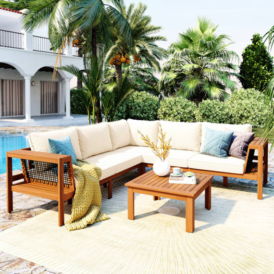 Ensemble de jardin 4 pièces en bois, forme en L, siège de patio confortable avec coussins gris, assises de patio amovibles et assises en maille tissée : éléments confortables pour se détendre