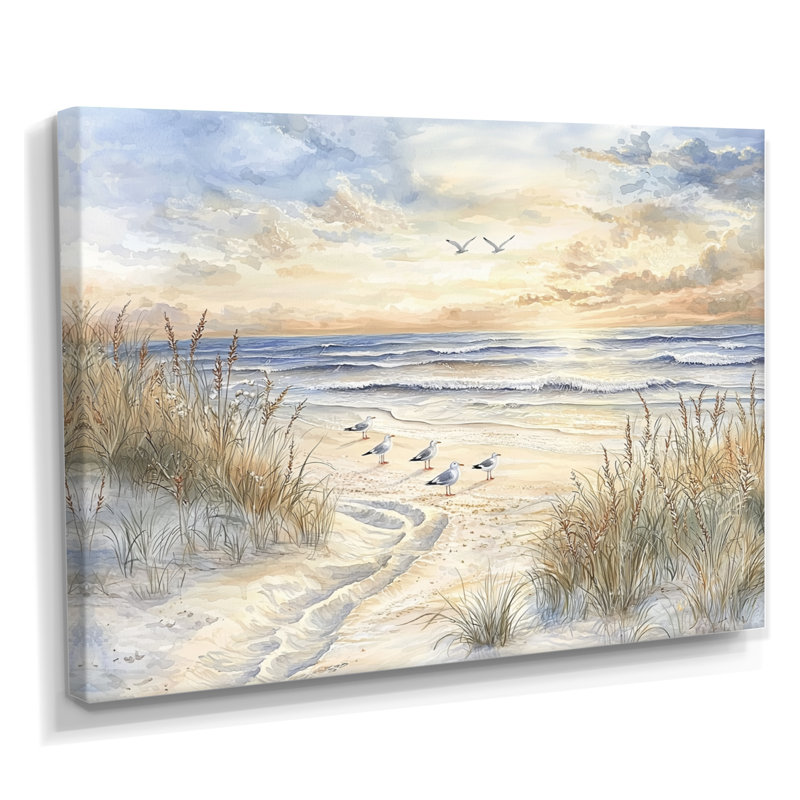 Seagulls On The Beach I - plage et océan, reproduction sur toile, H 12 po x l 20 po, Wrapped Canvas, Does Not Apply
