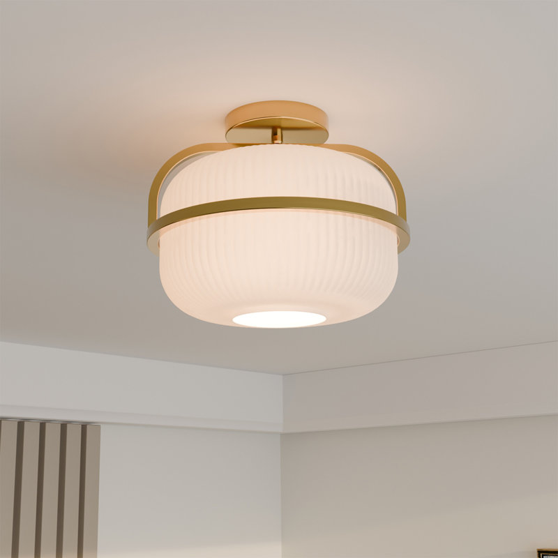 1-Light Brass Flush Mount Ceiling Light with Frosted Ribbed Glass Shade