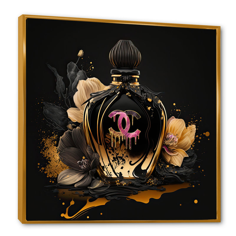 «Chic Black and Gold Perfume Bottle II», art sur toile tendance, 44" H x 44" W, Toile avec cadre flottant or