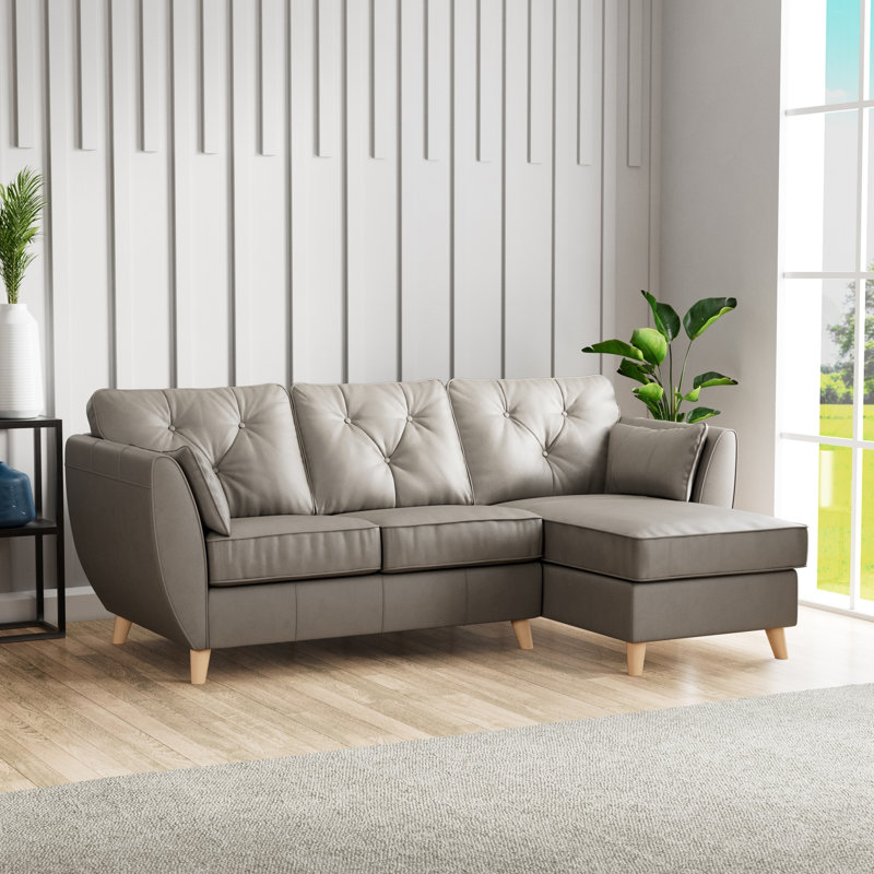 Hoxton 3 Seater Leather Maxi Sofa Chaise, Right Hand Facing, Light Wood, Stone