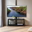 Meuble télé en bois noir avec support pivotant réglable en hauteur et verre trempé, meuble de rangement universel-1550340974