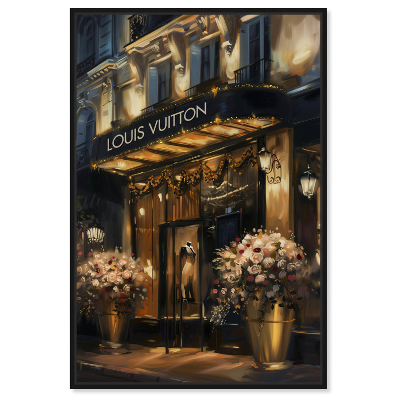 «Elegant Night Storefront» par Art Remedy, Noir, noir, noir, noir, Reproduction encadrée sans passe-partout