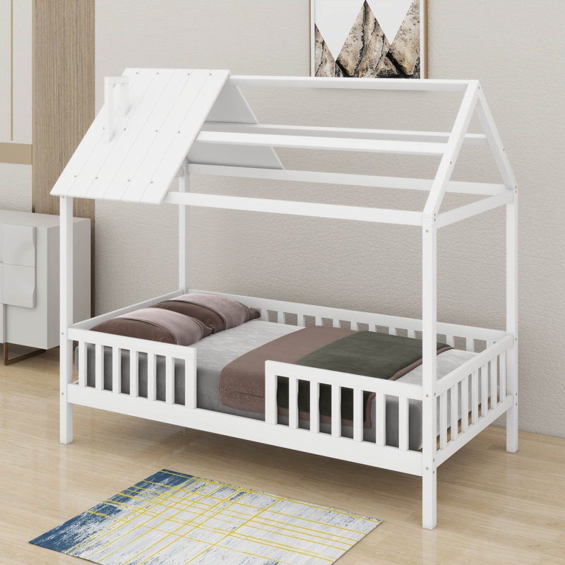 Twin Wood House Bed With Fence, White