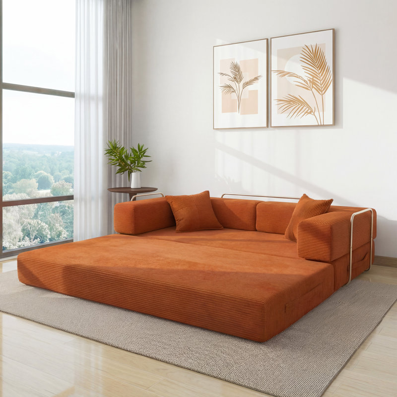 Convertible Sleeper Sofa With Removable Armrests, Corduroy Fabric Sofa Couch, No Assembly Required For Living Room, Dorm, Studio