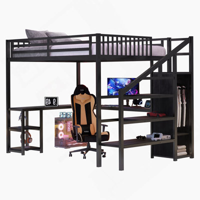 Grand lit mezzanine en métal avec garde-robe et lumière DEL, grand lit mezzanine avec bureau en L et port USB pour enfants, adolescents et adultes, noir (ancien SKU W2593S00033)