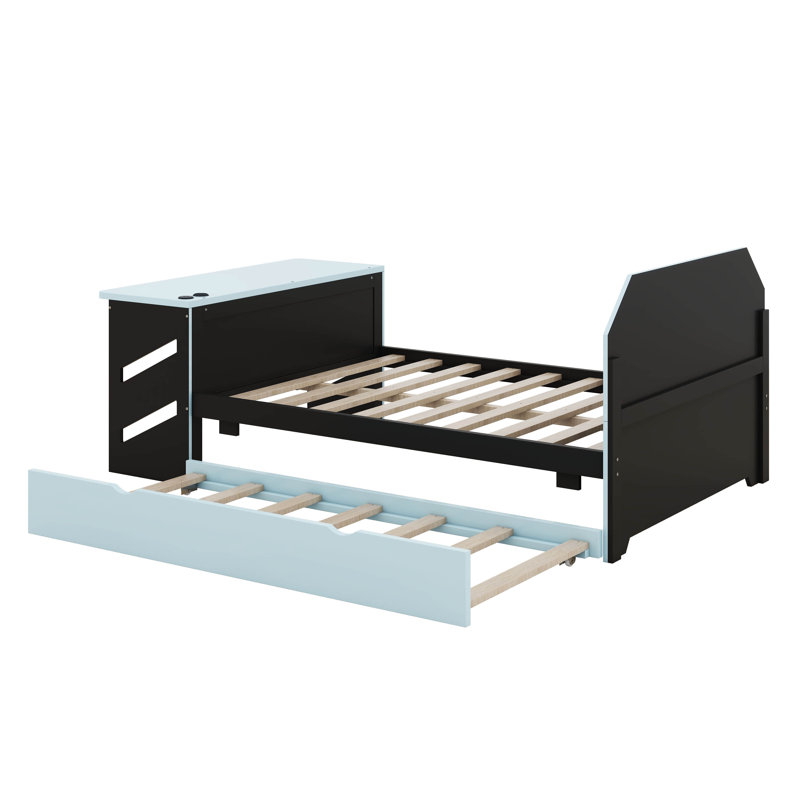 Lit de jour double avec lit gigogne, cadre de lit de jour avec bureau, cadre de lit de jour avec port USB, Bleu