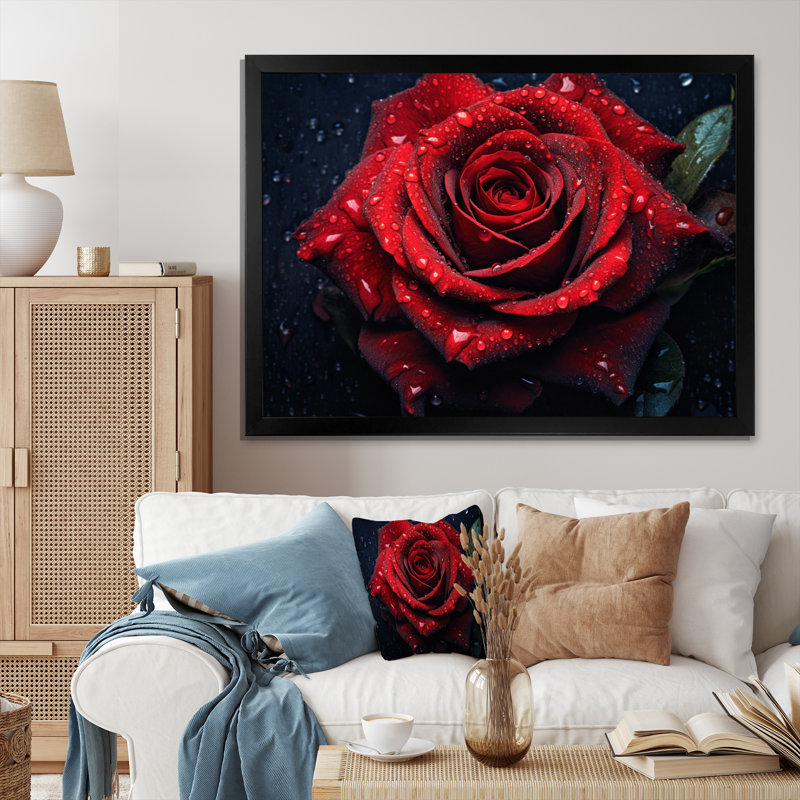 Rose rouge avec gouttes de pluie VI - impression sur toile florale, H 34 po x l 44 po x P 1,5 po, Cadre simple noir