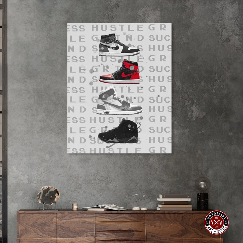 Notoriart Hype Sneakers Gray and Red Canvas Wall Art 24" x 30"