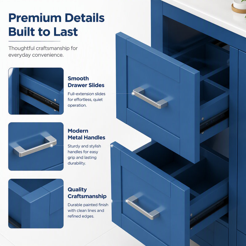 Meuble-lavabo de salle de bain avec lavabo en céramique, 4 tiroirs et portes à fermeture en douceur, Navy Blue