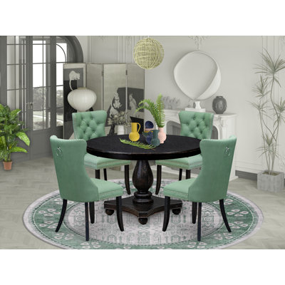 5 Piece Dining Set Includes a 48" Round Table with Pedestal and 4 Willow Green Upholstered Chairs, Sand Blasted Black