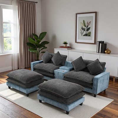 Canapé modulaire avec 2 repose-pieds amovibles, 2 ports USB, 2 porte-gobelets et grande boîte de rangement