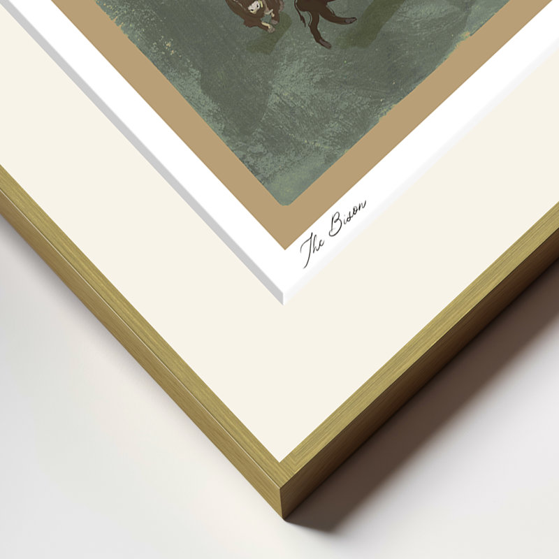 Mod-Ensemble «The Bison» par ChiChi - reproduction d'art de la faune verte minimaliste avec un troupeau de bisons | H 24 po x l 32 po | Cadre doré
