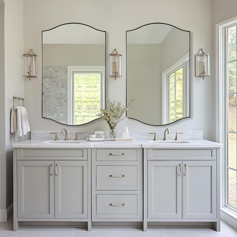 Dual Arch Scalloped Rectangular Bathroom Wall Mirror | Stainless Steel Frame, Brushed Nickel, 48" x 30"