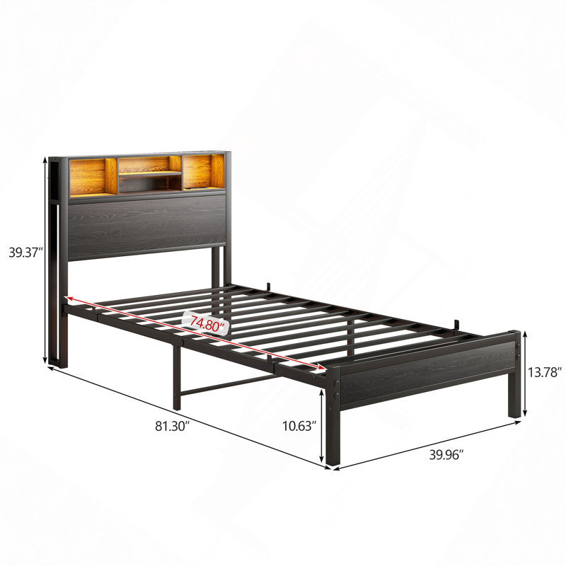 Structure de lit simple avec tête de lit, lit plateforme en métal avec station de charge, rangement pour bibliothèque, aucun sommier requis, assemblage facile