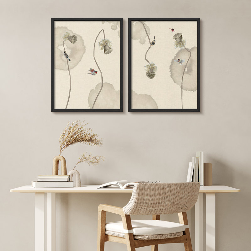 Oiseaux sur lotus, Noir, noir, noir, noir, H 16 po x l 12 po