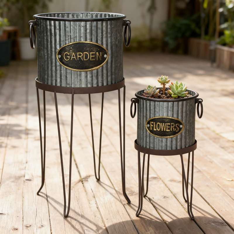 Ensemble de 2 pots à fleurs rustiques en métal avec supports, pots de jardin intérieur en acier galvanisé ondulé pour plantes