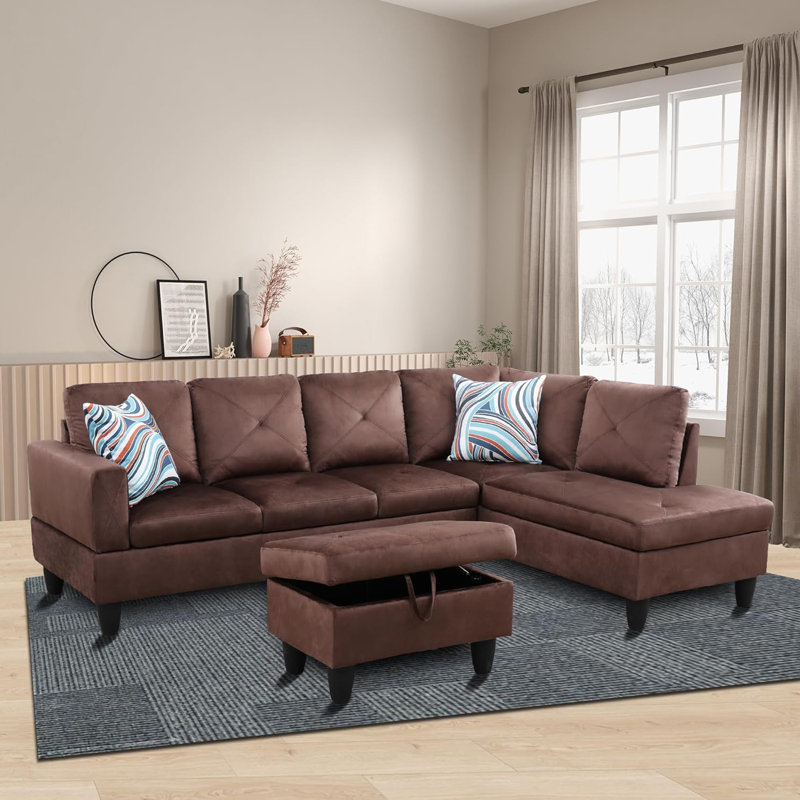 3-Piece Brown Microfiber Modular Sectional Sofa, Right Hand Facing