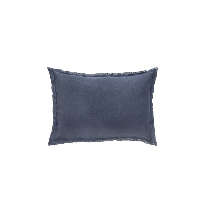 Navy Blue Linen Lumbar Pillow with Fringed Edges