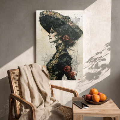 Mexican “Elegant Charro Hat Figure with Red Roses” Folkloric Portrait Canvas Wall Art Stretched Frame for Eclectic Studio
