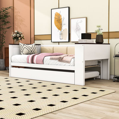 Wooden Daybed with Integrated USB Charging Station, Pull-Out Twin Trundle and Shelves