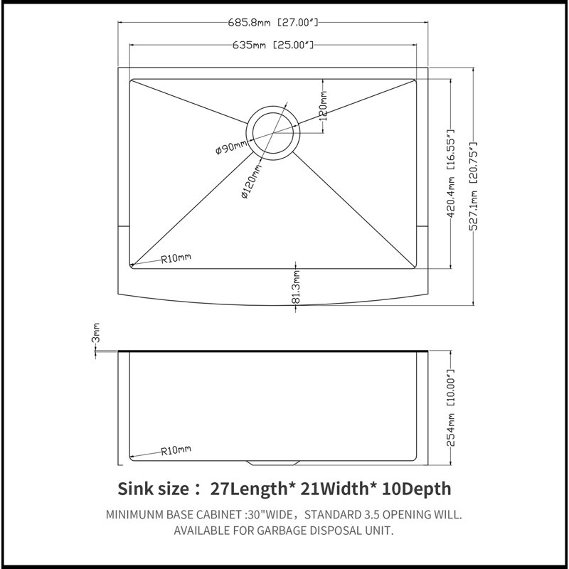 Farmhouse Sink - Évier de cuisine 27 po x 21 po x 10 po à tablier frontal en acier inoxydable de calibre 16