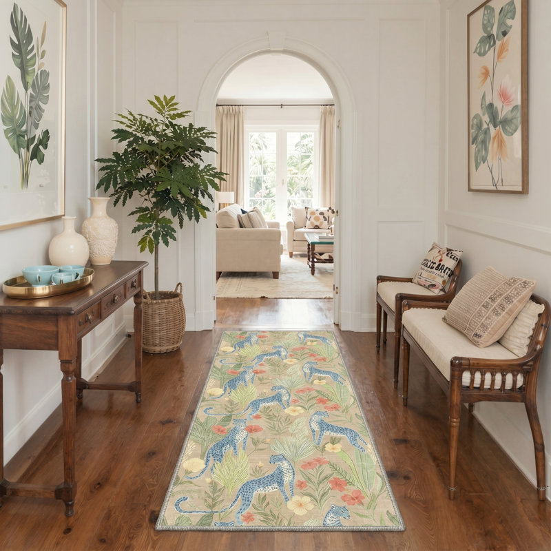 Abraham Verdure Animal Print Machine Washable Blue / Green Indoor Area Rug with Non-Slip Backing, Runner 2' x 6'