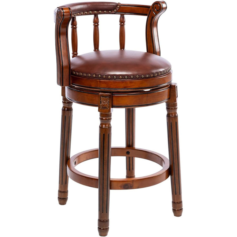Tabouret de bar pivotant en bois avec dessus en cuir, Brun, Tabouret de comptoir (siège d'une hauteur de 26 p