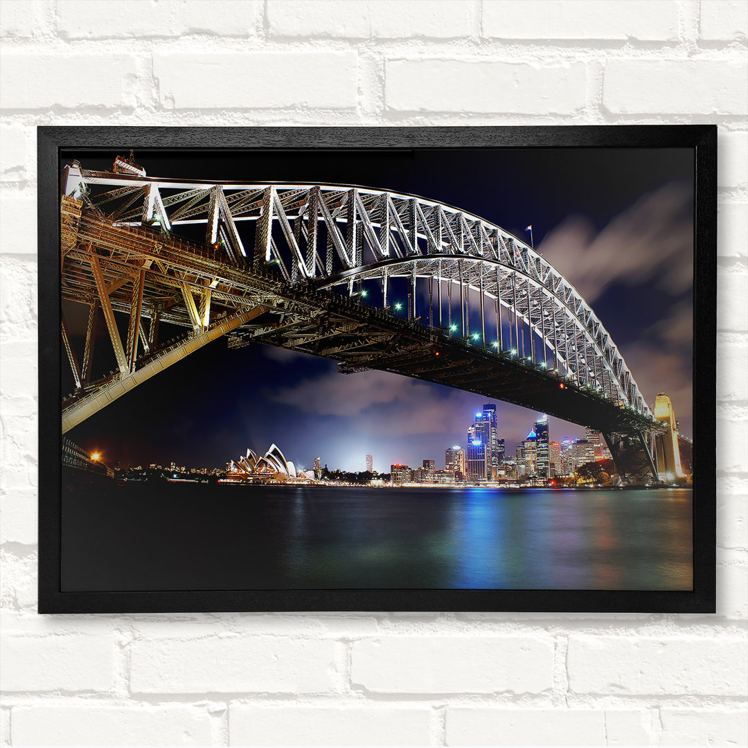 Sydney Harbour Bridge Night Light Reflections - Geschlossener Eckrahmen Kunstdrucke auf Holz