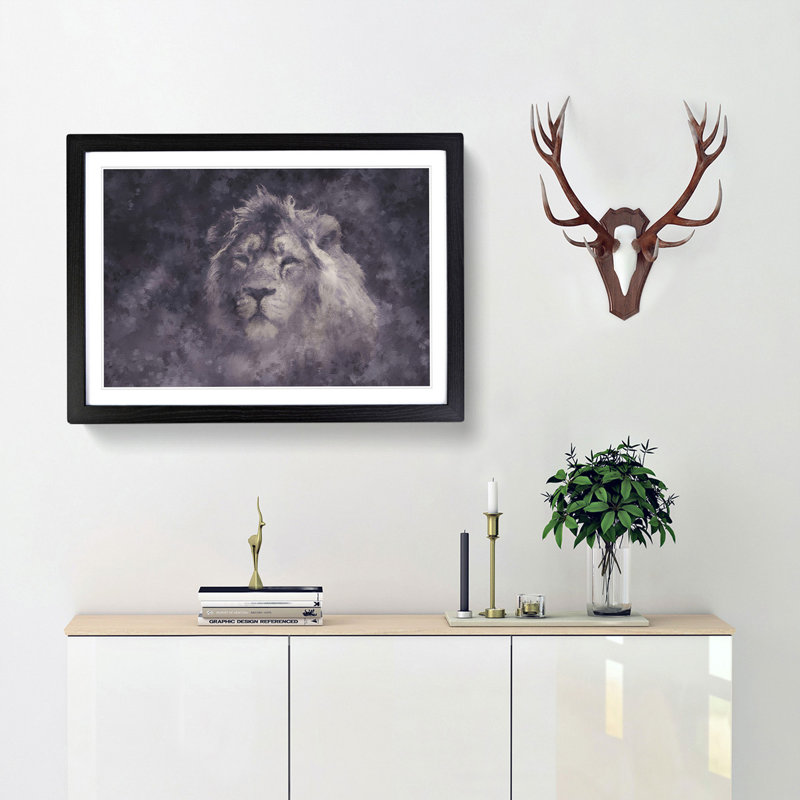 Lion in the Mist - Framed Print, 24cm H x 33cm W x 2cm D, Black Framed