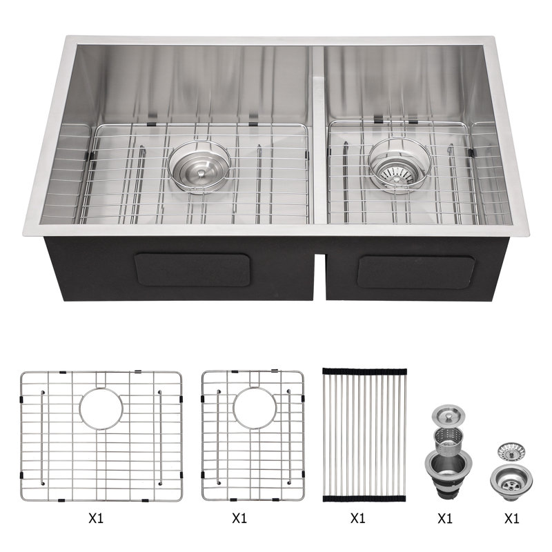 Évier de cuisine à double cuve double (60/40) - évier de cuisine à double cuve de calibre 16 avec deux cuves profondes de 10 po x 19 po