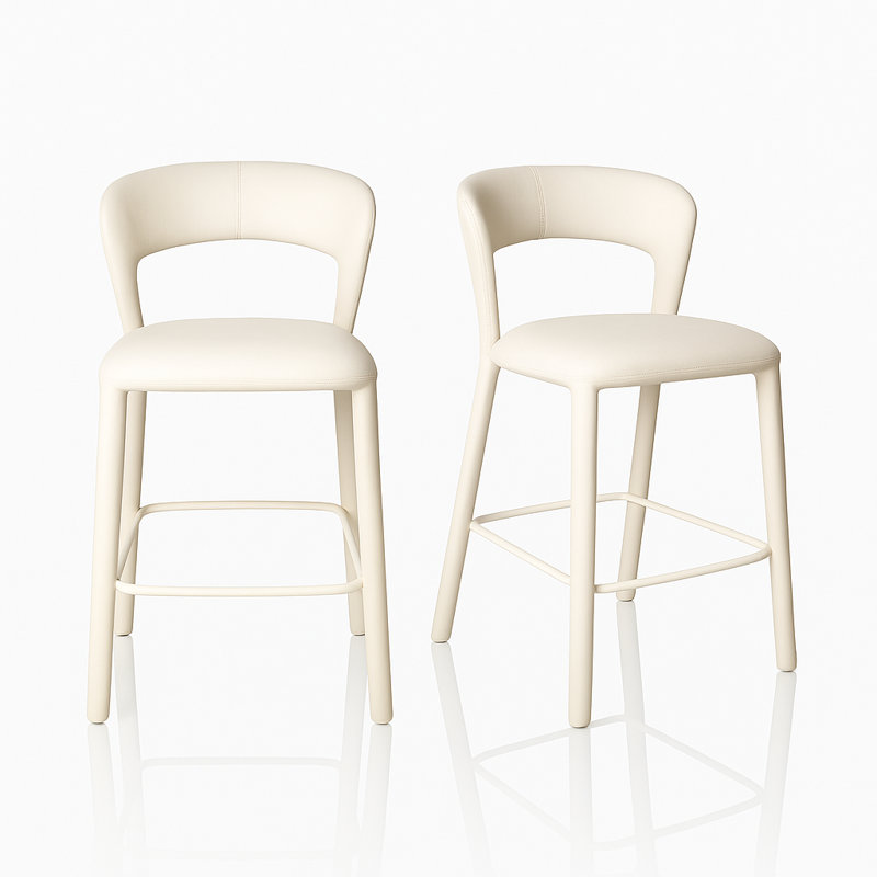 Set Of 2 Faux Leather Counter Height Stools With Open Back, Arched Silhouette And Footrest, Cream White